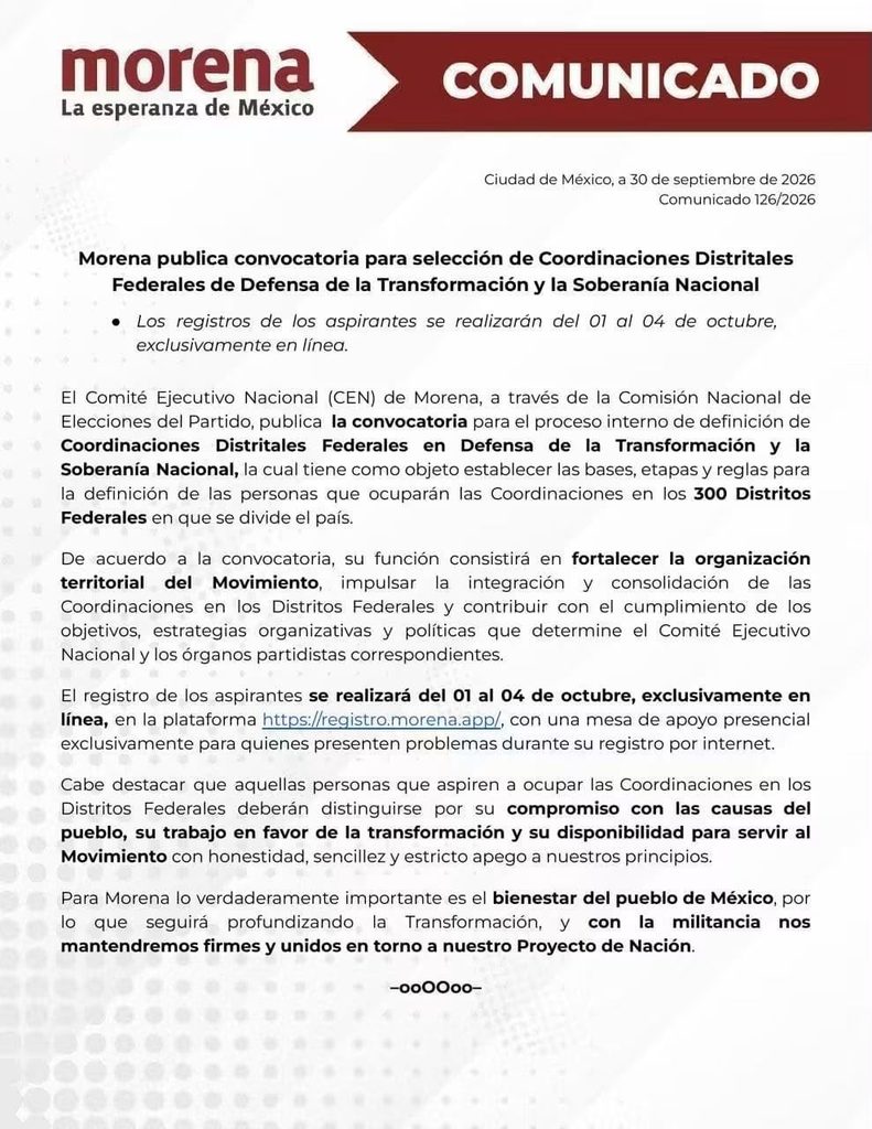 Morena lanza convocatoria para coordinadores de 300 distritos electorales