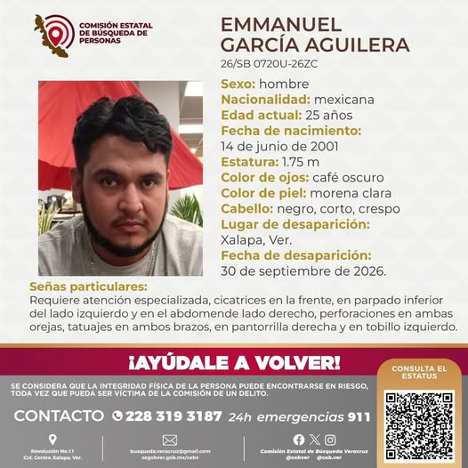El joven Emmanuel García Aguilera desapareció en Xalapa el 30 de septiembre. 