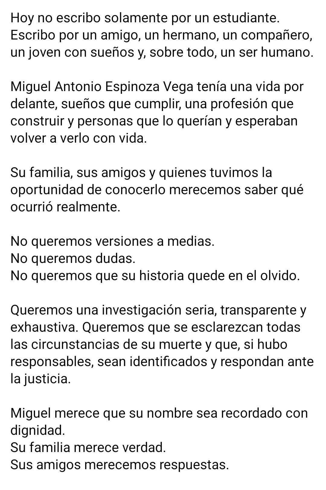 Familiares y amigos pidieron que la muerte de Miguel sea esclarecida con prontitud

